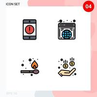 Pack of 4 Modern Filledline Flat Colors Signs and Symbols for Web Print Media such as alert camping error globe match Editable Vector Design Elements