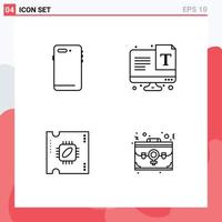 Mobile Interface Line Set of 4 Pictograms of phone cpu back text processor Editable Vector Design Elements