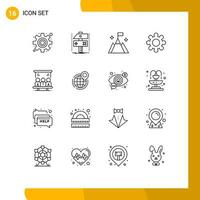 Modern Set of 16 Outlines Pictograph of technology project mountain cogs gear Editable Vector Design Elements