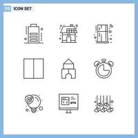 Modern Set of 9 Outlines Pictograph of alarm constructor fridge building grid Editable Vector Design Elements