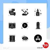 Modern Pack of 9 Icons Solid Glyph Symbols isolated on White Backgound for Website designing Creative Black Icon vector background