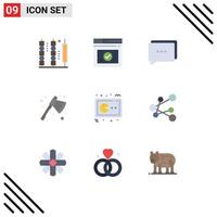 Mobile Interface Flat Color Set of 9 Pictograms of game cleaver website camping ax Editable Vector Design Elements