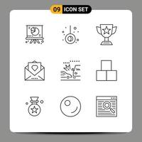 paquete de 9 signos y símbolos de contornos modernos para medios de impresión web, como elementos de diseño de vectores editables de corazón de carta de amor de premio de correo de accidente