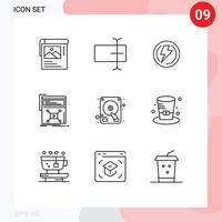 Pack of 9 creative Outlines of disk web light video marketing Editable Vector Design Elements