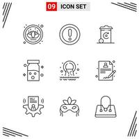 Estilo de línea de 9 iconos. símbolos de esquema creativos basados en cuadrículas para el diseño de sitios web. signos de icono de línea simple aislados en fondo blanco. 9 conjunto de iconos. vector