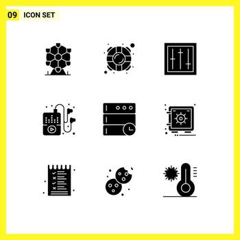 9 Universal Solid Glyphs Set for Web and Mobile Applications time database dj music hobbies Editable Vector Design Elements