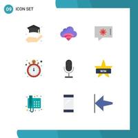 9 Thematic Vector Flat Colors and Editable Symbols of microphone broadcast chat setting audio timer Editable Vector Design Elements