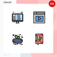 Pictogram Set of 4 Simple Filledline Flat Colors of code food programming video book Editable Vector Design Elements