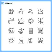 Mobile Interface Outline Set of 16 Pictograms of night love cleaning couple medical Editable Vector Design Elements