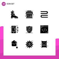 Set of 9 Commercial Solid Glyphs pack for coding protection cleaning american smartphone Editable Vector Design Elements