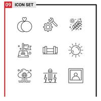 Pictogram Set of 9 Simple Outlines of sun dumbbells garden map location Editable Vector Design Elements