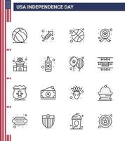Pack of 16 USA Independence Day Celebration Lines Signs and 4th July Symbols such as station building basketball police investigating Editable USA Day Vector Design Elements