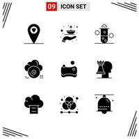 Mobile Interface Solid Glyph Set of 9 Pictograms of cleaning cloud radiation archive cd Editable Vector Design Elements