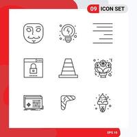 Pack of 9 Modern Outlines Signs and Symbols for Web Print Media such as bouquet construction text cone search Editable Vector Design Elements