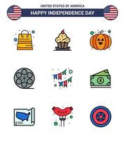 feliz día de la independencia 4 de julio conjunto de 9 líneas planas rellenas pictografía americana de empavesados video de acción de gracias americano movis elementos de diseño vectorial del día de estados unidos editables vector