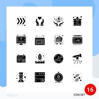 Solid Glyph Pack of 16 Universal Symbols of calendar screen care monitor gift Editable Vector Design Elements