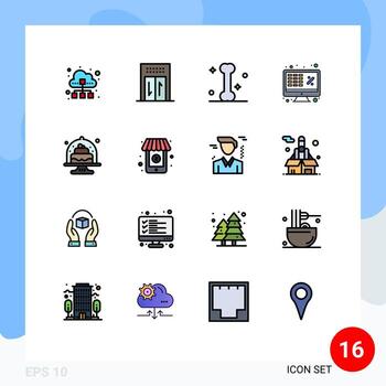 16 Universal Flat Color Filled Lines Set for Web and Mobile Applications baking money medical laptop excel Editable Creative Vector Design Elements