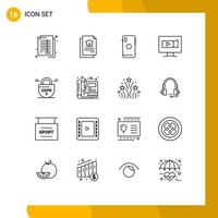 User Interface Pack of 16 Basic Outlines of data video phone screen camera Editable Vector Design Elements