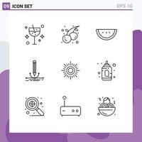 Group of 9 Modern Outlines Set for sunny draw food graphic design Editable Vector Design Elements