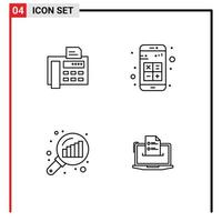 paquete de interfaz de usuario de 4 colores planos básicos de línea completa de datos de fax que analizan gráficos de aplicaciones de máquinas de fax que magnifican elementos de diseño de vectores editables