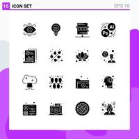 Set of 16 Vector Solid Glyphs on Grid for game athletics bright activities lightbulb Editable Vector Design Elements