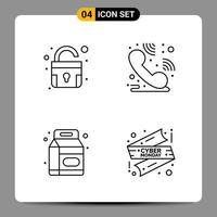 4 Black Icon Pack Outline Symbols Signs for Responsive designs on white background 4 Icons Set Creative Black Icon vector background