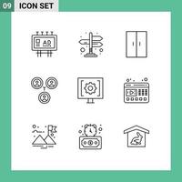 Editable Vector Line Pack of 9 Simple Outlines of help contact furniture social connections Editable Vector Design Elements