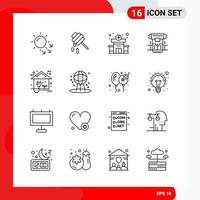 Creative Set of 16 Universal Outline Icons isolated on White Background Creative Black Icon vector background