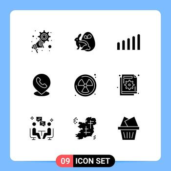 Set of 9 Vector Solid Glyphs on Grid for analysis radioactive connection nuclear map Editable Vector Design Elements