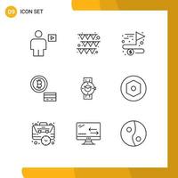 Modern Set of 9 Outlines and symbols such as time watch accomplish money bitcoin Editable Vector Design Elements