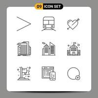 Mobile Interface Outline Set of 9 Pictograms of urban sensor heart city valentine Editable Vector Design Elements