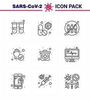 Coronavirus Precaution Tips icon for healthcare guidelines presentation 9 Line icon pack such as  protection hand pill transfer human viral coronavirus 2019nov disease Vector Design Elements