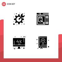 Editable Vector Line Pack of 4 Simple Solid Glyphs of cog screen spanner tool pc Editable Vector Design Elements