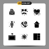 Mobile Interface Solid Glyph Set of 9 Pictograms of phone call heart hand watch time Editable Vector Design Elements