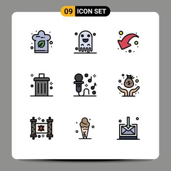 9 paquete de color plano de línea de relleno de interfaz de usuario de signos y símbolos modernos de karaoke flecha de basura eliminar bin elementos de diseño vectorial editables vector