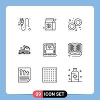 Set of 9 Vector Outlines on Grid for internet cloud laboratory farm house space Editable Vector Design Elements