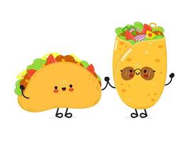 Cute happy taco and burrito card. Vector hand drawn doodle style cartoon character illustration icon design. Happy taco and burrito friends concept card. Mexican food card