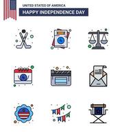 9 USA Flat Filled Line Pack of Independence Day Signs and Symbols of movies day court date american Editable USA Day Vector Design Elements