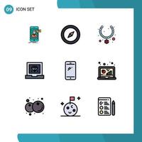 Pack of 9 Modern Filledline Flat Colors Signs and Symbols for Web Print Media such as smart phone programming jewel development coding Editable Vector Design Elements