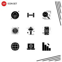 Group of 9 Modern Solid Glyphs Set for ireland thinking magnifier design campaign Editable Vector Design Elements