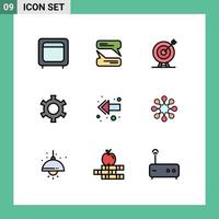 Pack of 9 Modern Filledline Flat Colors Signs and Symbols for Web Print Media such as back setting target gear goal Editable Vector Design Elements