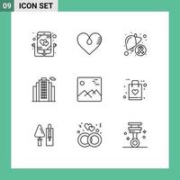 Universal Icon Symbols Group of 9 Modern Outlines of gallery estate gift building liver Editable Vector Design Elements