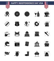 paquete grande de 25 estados unidos feliz día de la independencia usa vector glifo sólido y símbolos editables de taza de vidrio botella americana vino elementos de diseño vectorial editables del día de estados unidos