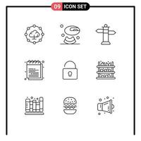 Editable Vector Line Pack of 9 Simple Outlines of grocery lock street unlock study Editable Vector Design Elements