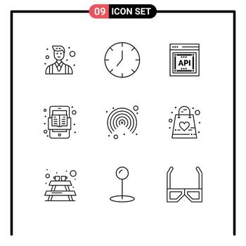 conjunto de esquema de interfaz móvil de 9 pictogramas de interfaz leer api libro en línea elementos de diseño vectorial editables vector