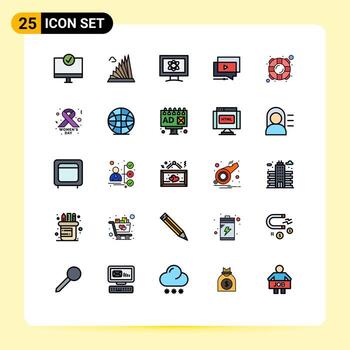 User Interface Pack of 25 Basic Filled line Flat Colors of video youtube landmark play science Editable Vector Design Elements