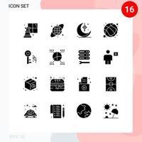 Group of 16 Modern Solid Glyphs Set for security exercise decoration sport basketball Editable Vector Design Elements