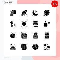 Group of 16 Modern Solid Glyphs Set for security exercise decoration sport basketball Editable Vector Design Elements