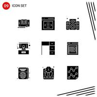 Pack of 9 Modern Solid Glyphs Signs and Symbols for Web Print Media such as furniture seminar user presentation party Editable Vector Design Elements