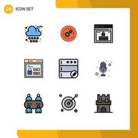 interfaz móvil línea de relleno conjunto de colores planos de 9 pictogramas de código estructura web navegador sitio web elementos de diseño vectorial editables vector